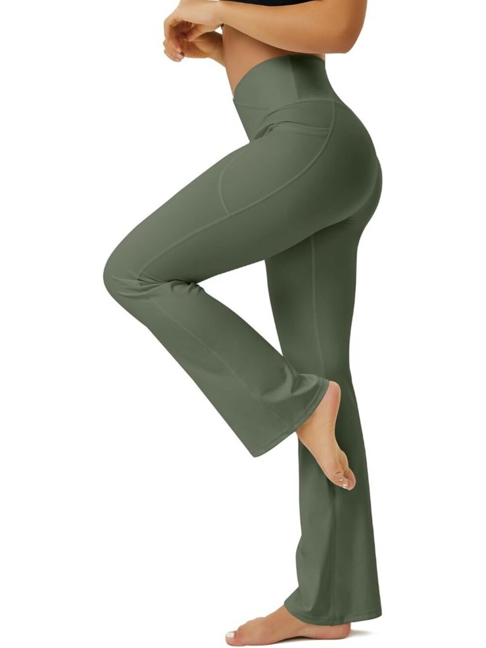 Women's Army Green Crossover High Waisted Imported Flare Bootcut Yoga Pants